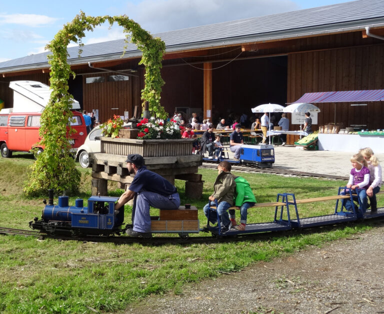 Kinder fahren auf der kleinen Eisenbahn mit